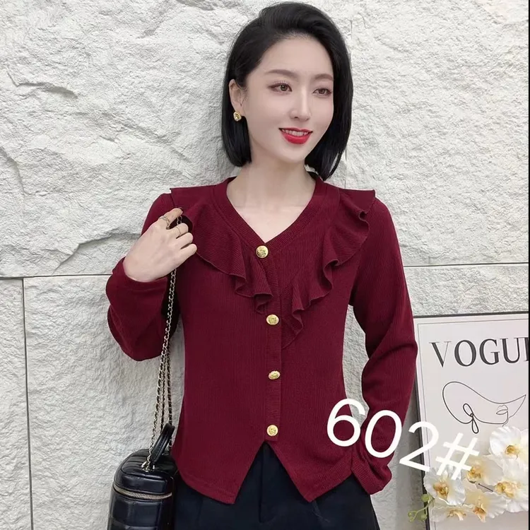 春季新款时尚百搭纯色纽扣洋气V领修身韩版长袖上衣#602