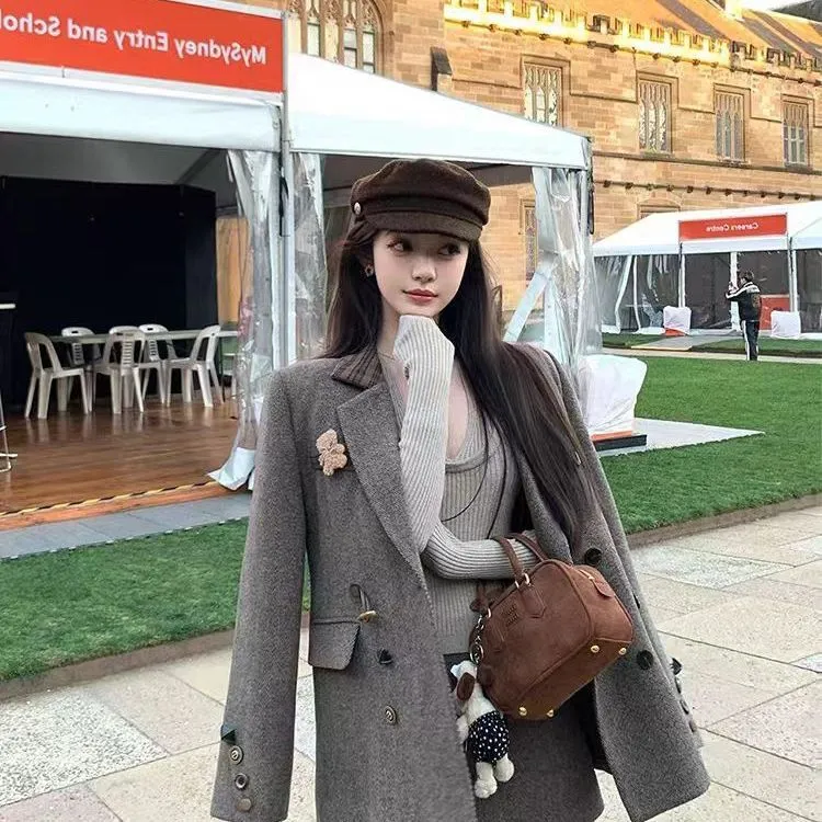 秋冬法式复古撞色拼格毛呢小西装加厚外套女半身裙时尚套装