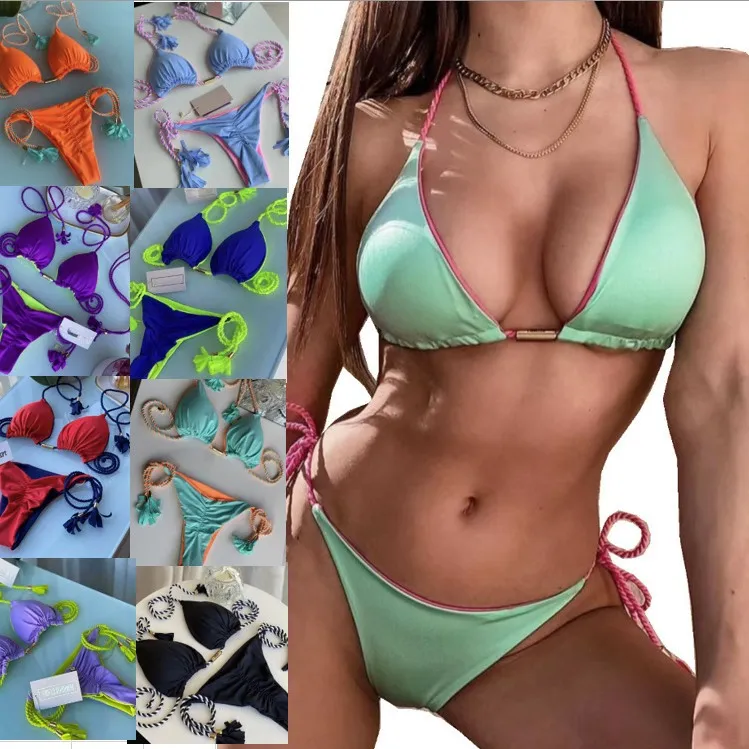 欧美泳衣新款性感三角包比基尼女分体纯色性感多色编绳bikini