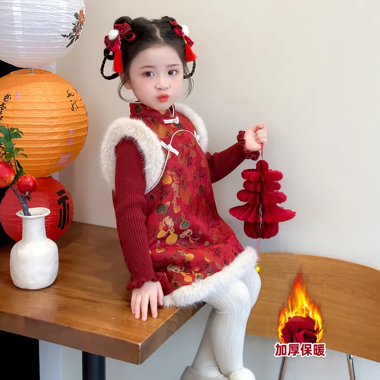 中小童冬季加厚连衣裙古风冬季女童加绒国风旗袍裙套装喜庆拜年服