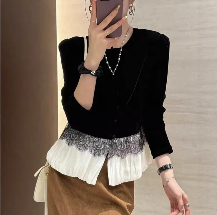 【秋季新款】MT'千金风蕾丝拼接丝绒上衣'  气质蝴蝶结复古上衣时尚