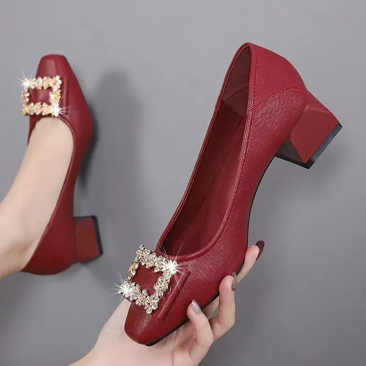 工厂直销真软皮粗跟单鞋女2025新款春秋百搭方头高跟鞋女仙女鞋