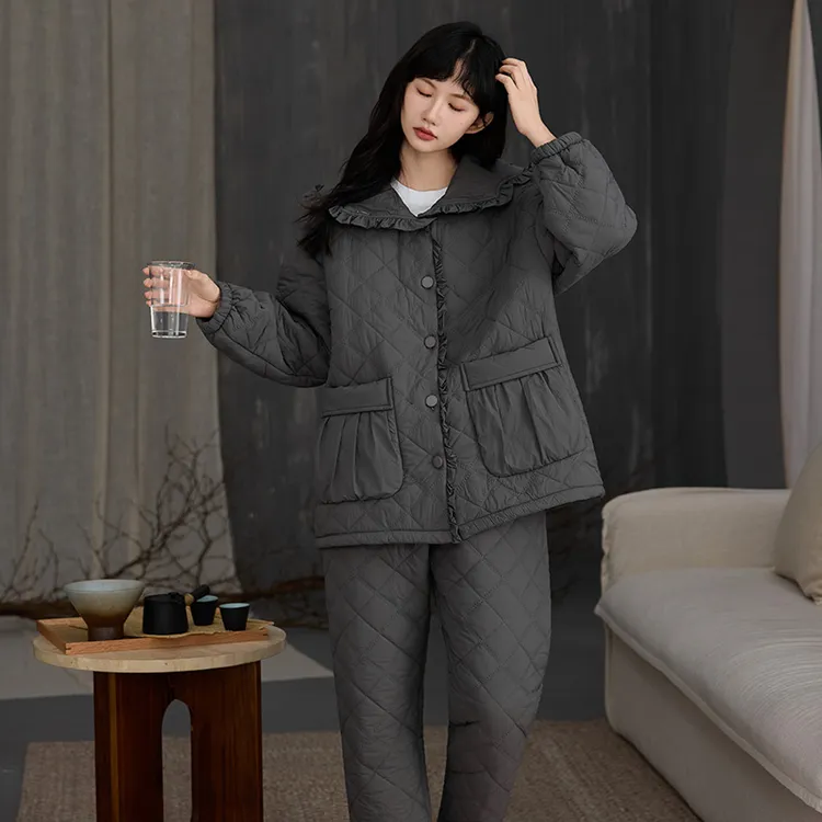 防风防水-夹棉冬天睡衣女黑色连帽秋冬季三层加厚女生家居服