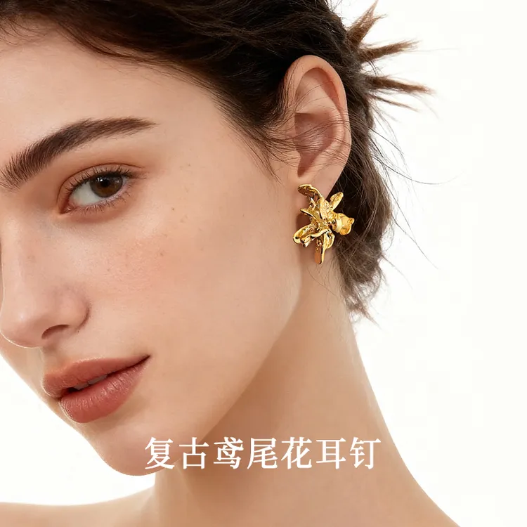 925银耳饰 鸢尾花耳钉2025新款爆款高级感轻奢气质耳环金色饰品女