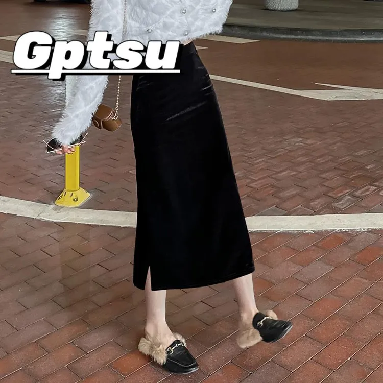 GPTSu半身裙女中长版2025新款春秋季高腰显瘦高级感开叉直筒裙子
