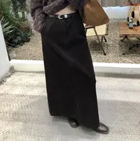 复古巧克力棕色灯芯绒半身裙女直筒裙后开叉气质包臀裙（配腰带）