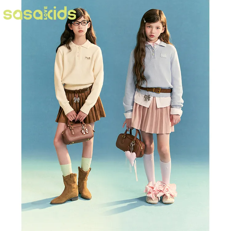 sasakids【高智学院】时髦女孩miu系气质polo领套头保暖毛衣女童