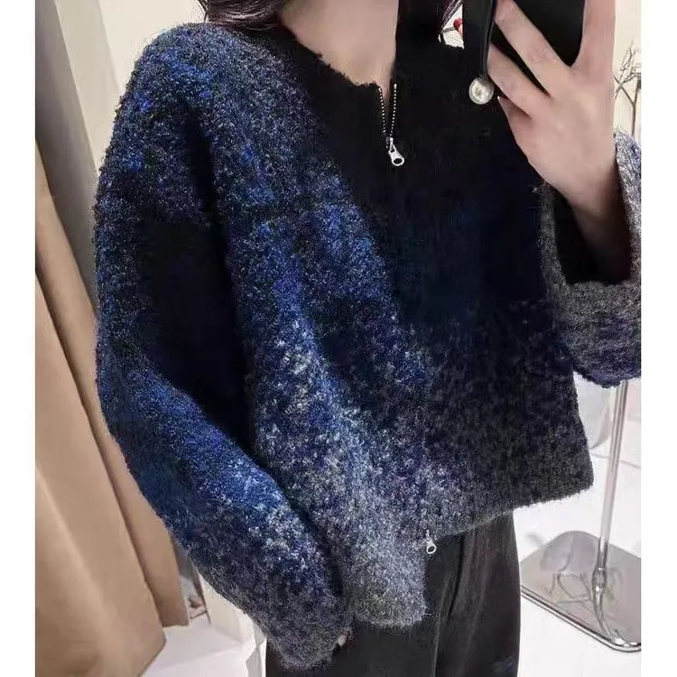 渐变色拉链短款针织开衫女秋冬毛衣外套港风复古不对称下摆百搭潮