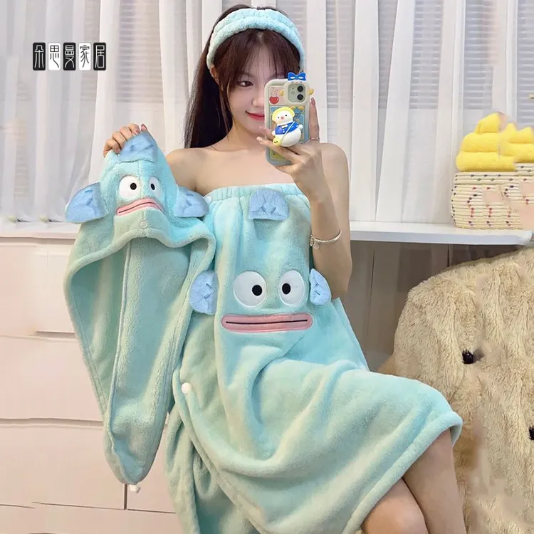 朵思曼可穿可裹珊瑚绒浴巾女毛巾干发帽三件套新款非全棉大人吸水