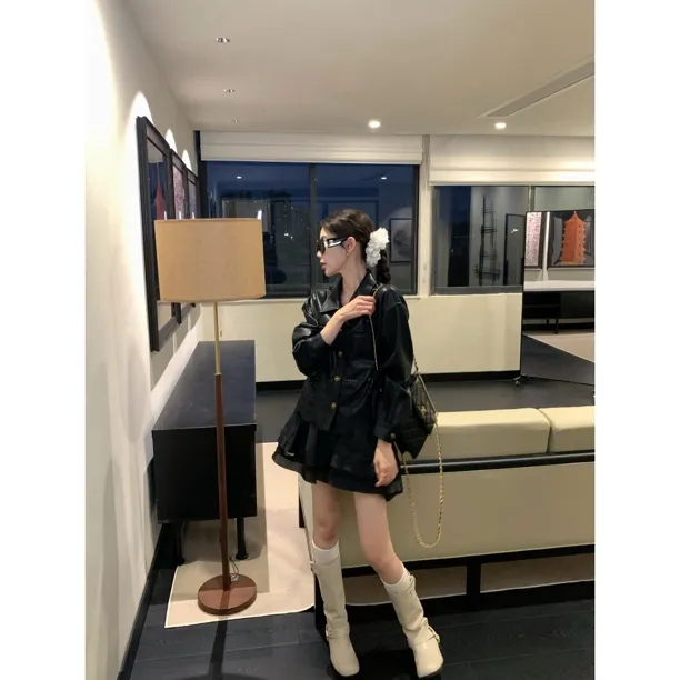 【赵小小&时髦立大功】7035 秋季设计感翻领镂空PU皮衣宽松显瘦外套