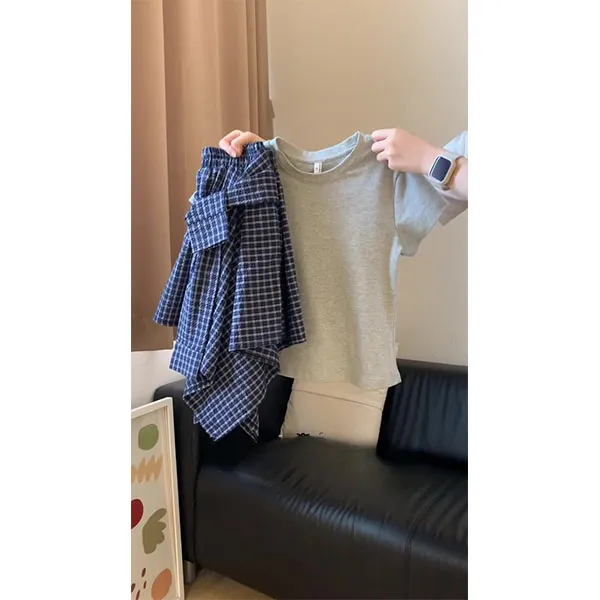 夏季一整套ootd穿搭韩系减龄套装女短袖T恤上衣格子短裙两件套