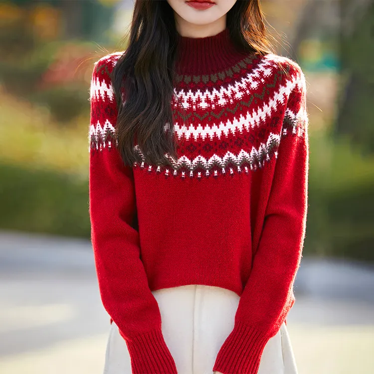 美惨了！费尔岛提花100%羊毛浪漫新年氛围感套头针织毛衫百搭罩衣