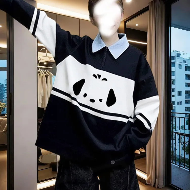 秋冬加绒撞色拼接polo领卫衣女减龄长袖特大码300斤小狗印花外套