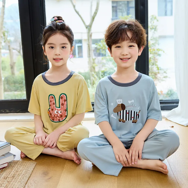 儿童夏季睡衣短袖男童宝宝空调中大童薄款女童莱赛尔家居服套装