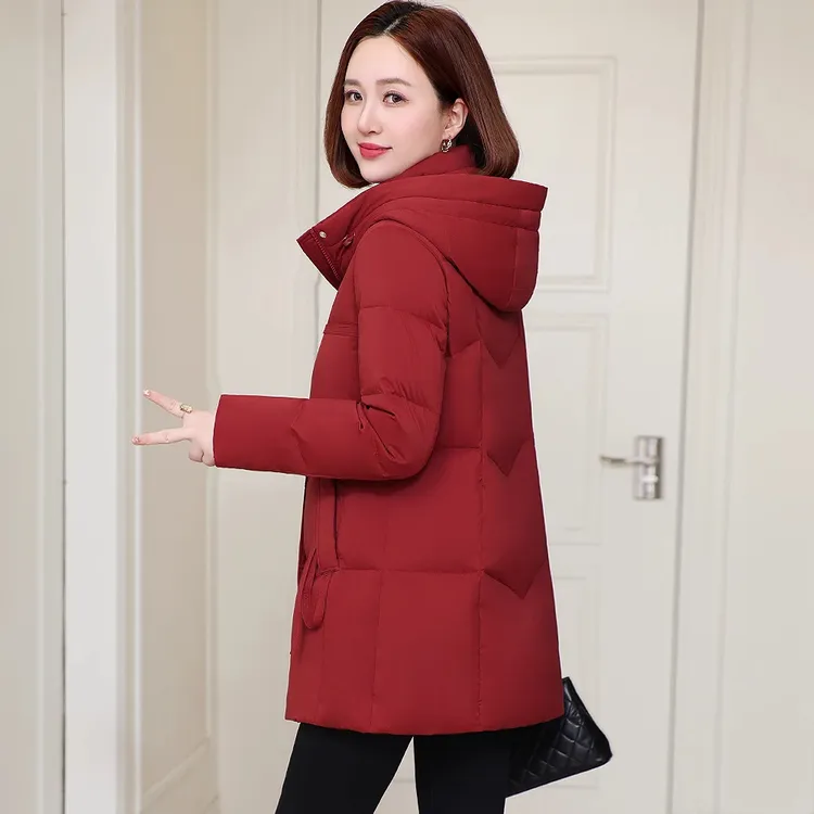 红色羽绒服女2025年新款冬季爆款妈妈中长款显瘦中年女士鸭绒外套