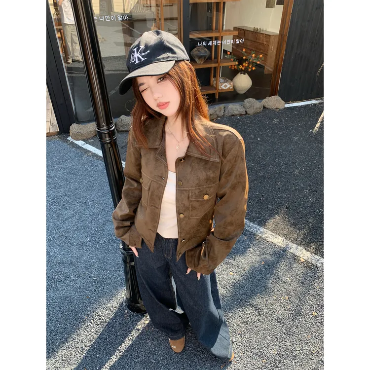 复古咖色翻领长袖皮衣外套女秋季美式机车服宽松夹克开衫气质上衣