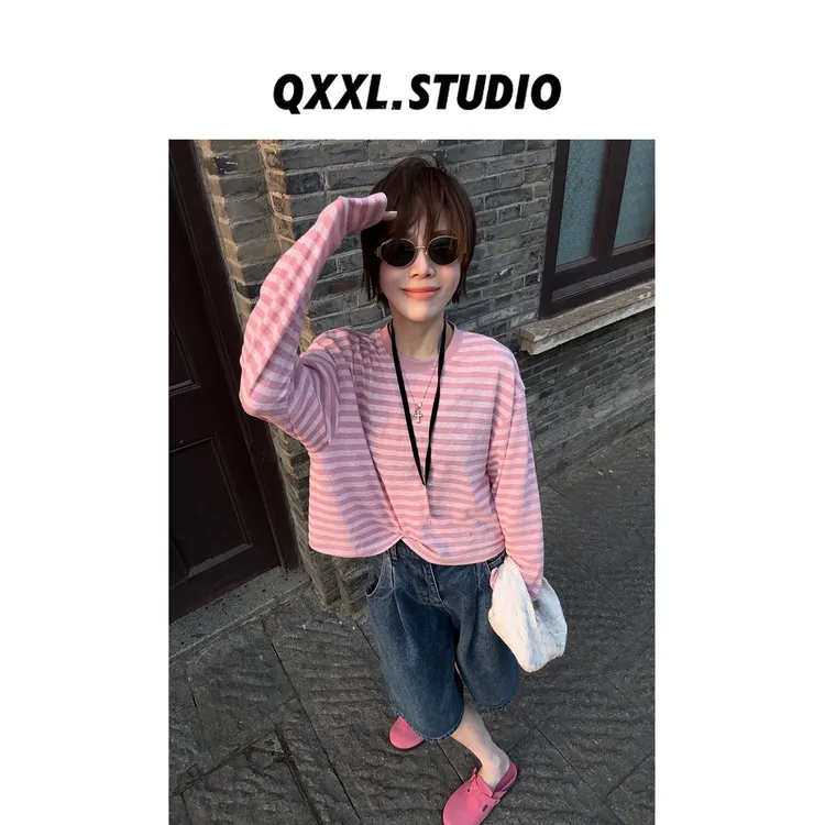 邱小小丽呀 小众韩系拼色百搭T恤减龄洋气条纹圆领套头上衣女