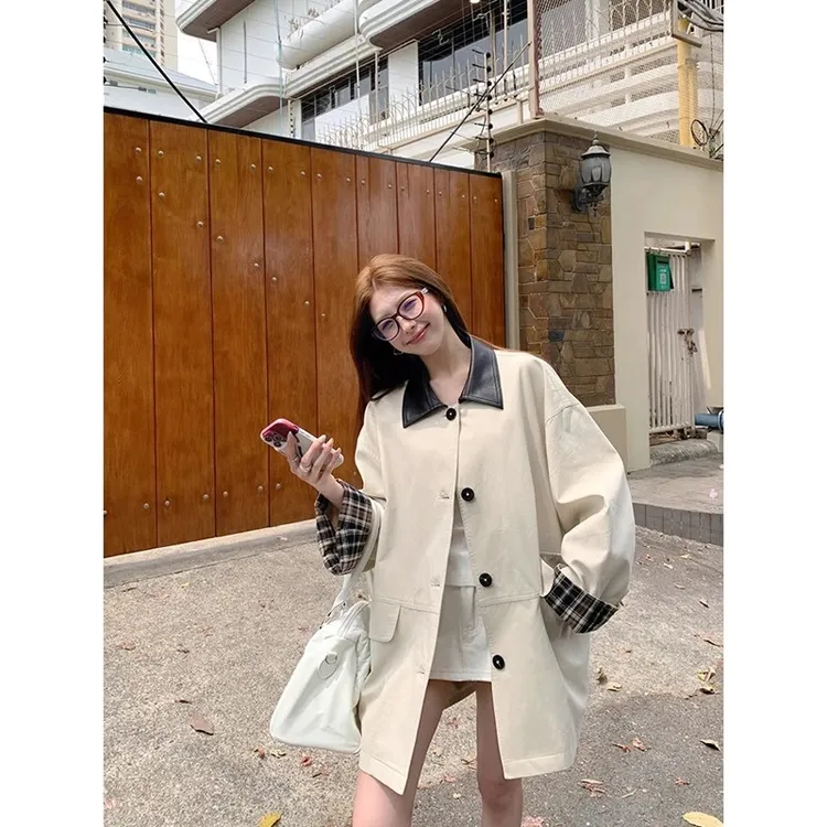 高级感撞色风衣女2025秋季新款复古小个子oversize气质百搭外套