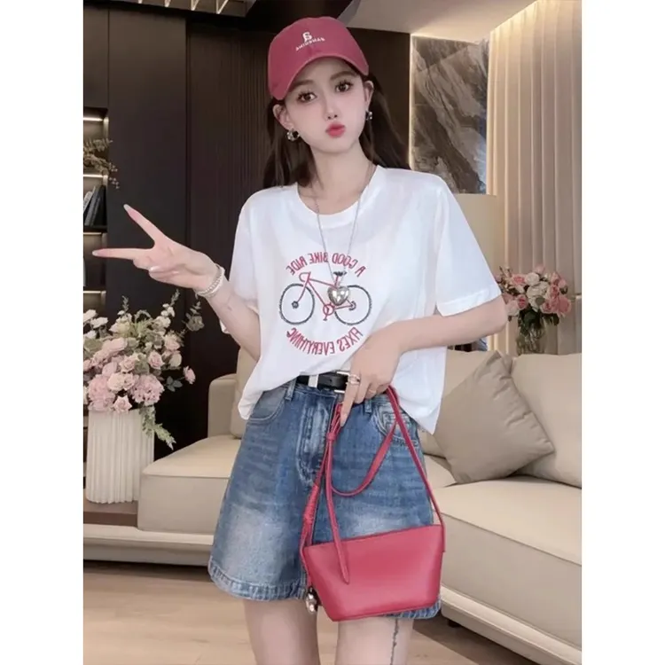 欧货韩系自行车印花短袖T恤女夏季时尚洋气减龄宽松百搭显瘦上衣