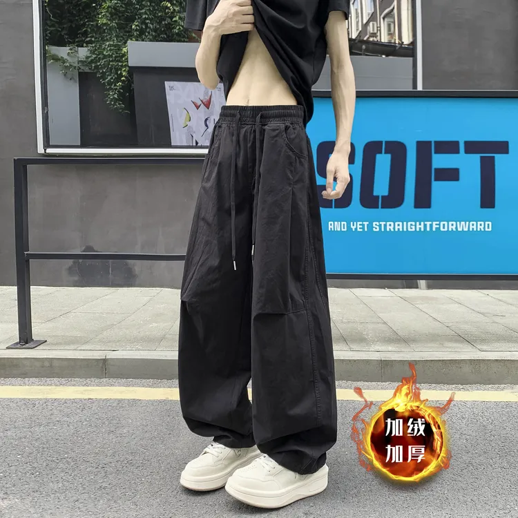 加绒加厚纯棉工装裤男水洗裤子弯刀裤宽松直筒裤潮流男生休闲长裤