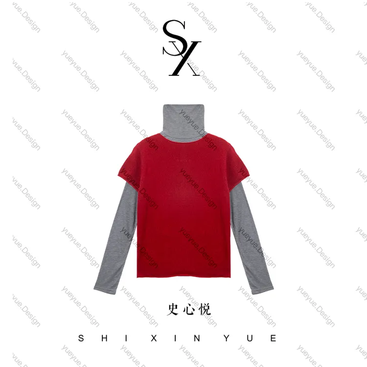 【悦悦专属】设计感堆堆领拼接撞色长袖T恤上衣Y1264
