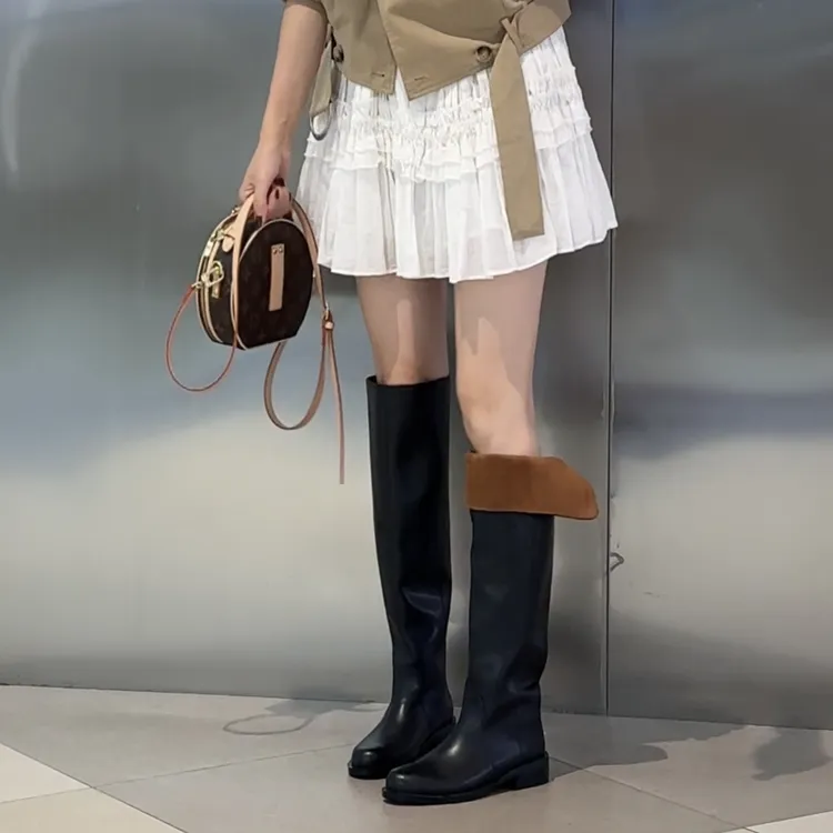 Sweet-7大筒围时装靴美拉德风显腿直粗跟长筒两穿骑士靴直筒靴女