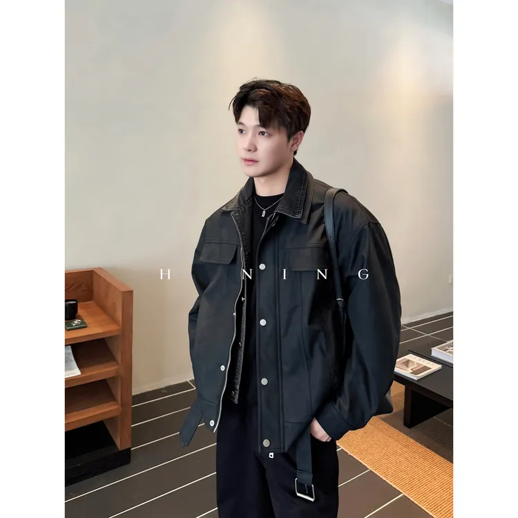 「麂皮绒面拼接设计」冬季老钱双层领假两件加绒宽松男士夹克外套