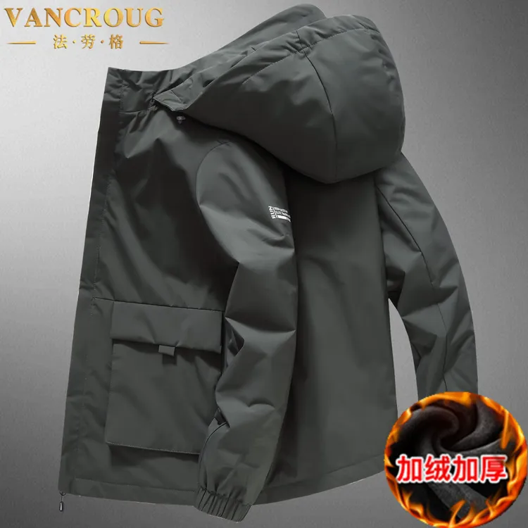 VANCROUG/法劳格夹克男士秋冬加绒宽松大码防风工装可脱卸帽外套 