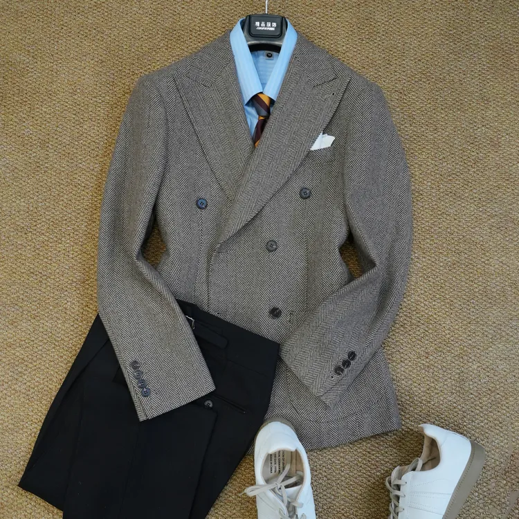 秋冬男士双排扣人字纹意式戗驳领驳领磨毛休闲保暖西服高级感男装