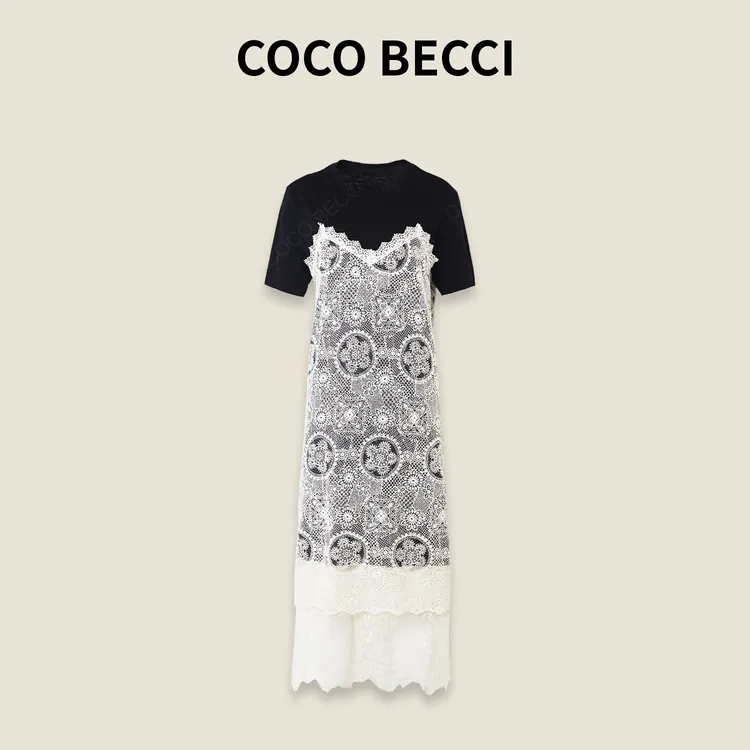 COCO BECCI【复古巴洛克】棉混纺时尚百搭蕾拼接连衣裙CFHHB372031
