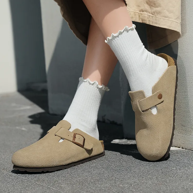 BAISHUANGHE勃肯鞋半拖男女同款一脚蹬女鞋软木拖鞋牛皮博肯软底