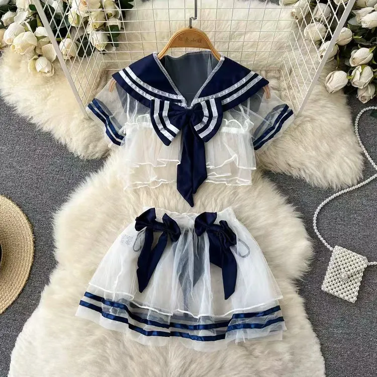 日系软妹时尚套装女海军领网纱短上衣蓬蓬半身裙小个子辣妹两件套