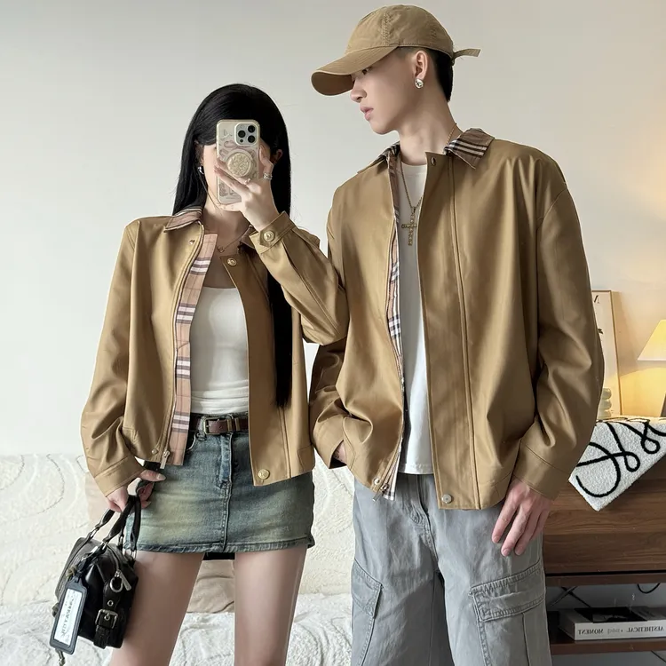 风衣情侣装2025春秋新款卡其色格子夹克外套女短款法式气质上衣男