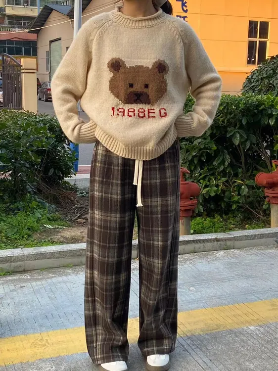 复古咖色格子阔腿裤女秋冬新款大码胖mm宽松显瘦百搭直筒休闲裤