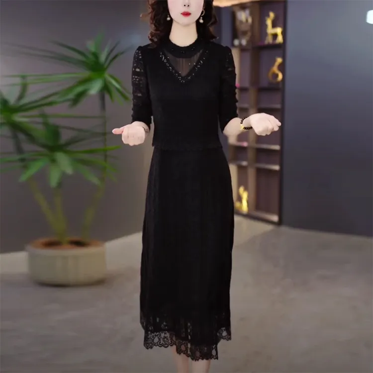 秋季轻奢气质百搭收腰显瘦修身减龄黑色女士轻熟风中长款连衣裙--