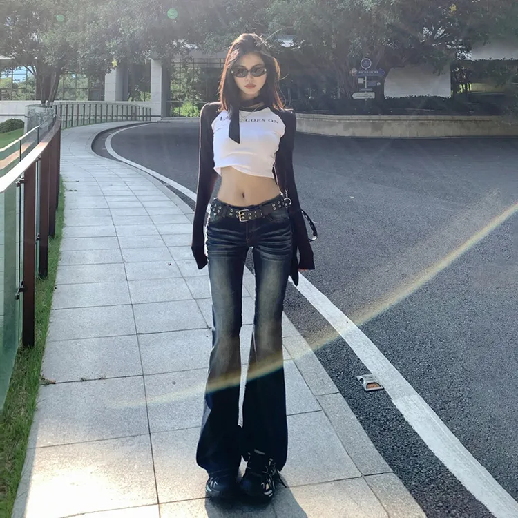 美式怀旧低腰辣妹微喇叭牛仔裤女2025新款百搭弹力修身显瘦马蹄裤