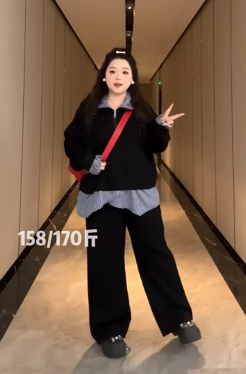 大码学院风假两件格纹拼接卫衣长裤秋季两件套99017#
