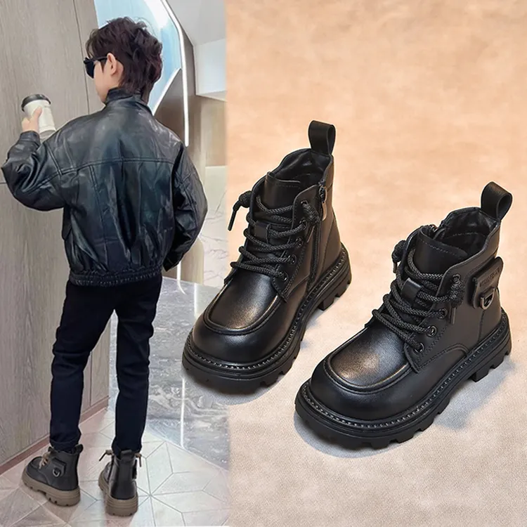 男童马丁靴2025秋冬季新款童靴黑色女童加绒二棉短靴儿童真皮靴子