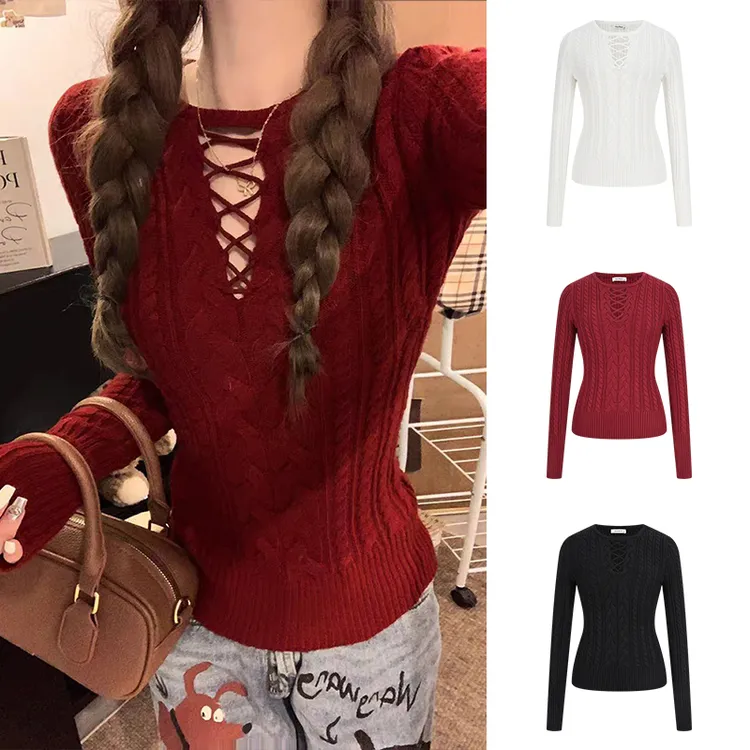 Moses Queen/魔西女王韩系辣妹镂空高级感针织打底衫修身长袖上衣