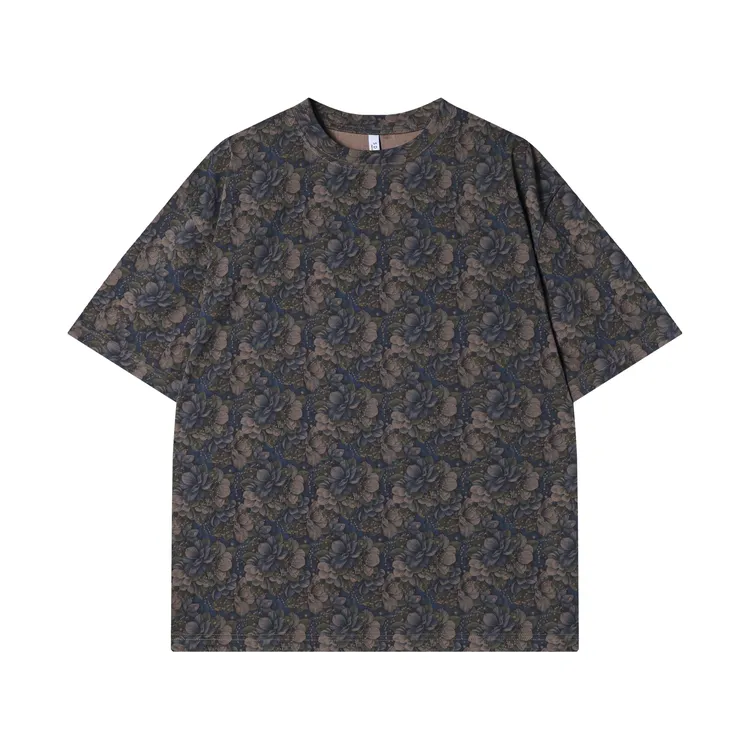 夏季新款时尚个性韩版撞色满印花卉圆领短袖T恤百搭宽松潮流上衣