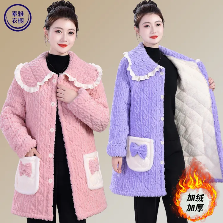 冬季特厚家居服新款罩衣加绒加厚翻领洋气保暖棉衣中长款棉服外套