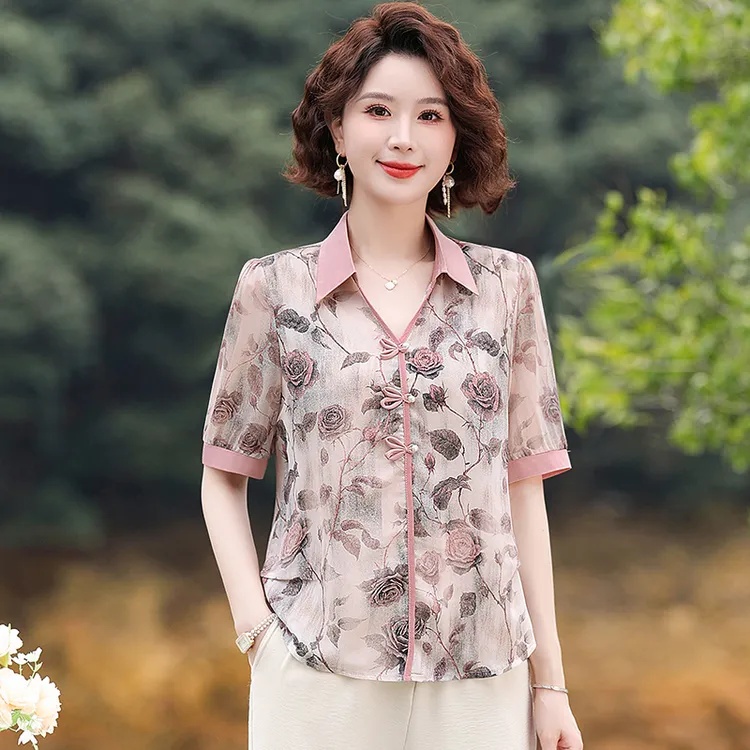 妈妈夏装短袖T恤2025新款中老年女时尚翻领冰丝小衫洋气显瘦碎花