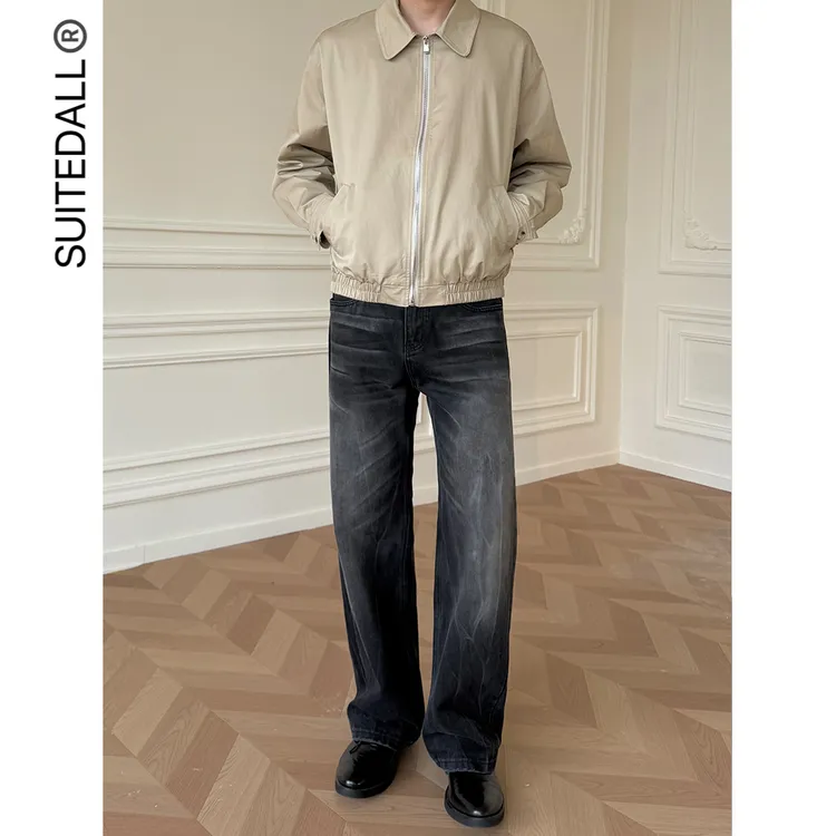 SUITEDALL"2021M"闪电裂纹水洗黑牛仔裤直筒微喇叭磨破洞百搭长裤