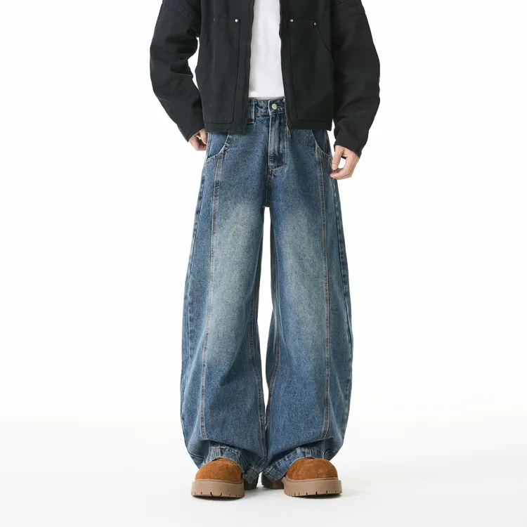 VEGOROM美式复古做旧明线夏季弯刀裤宽松阔型水洗牛仔裤男女同款