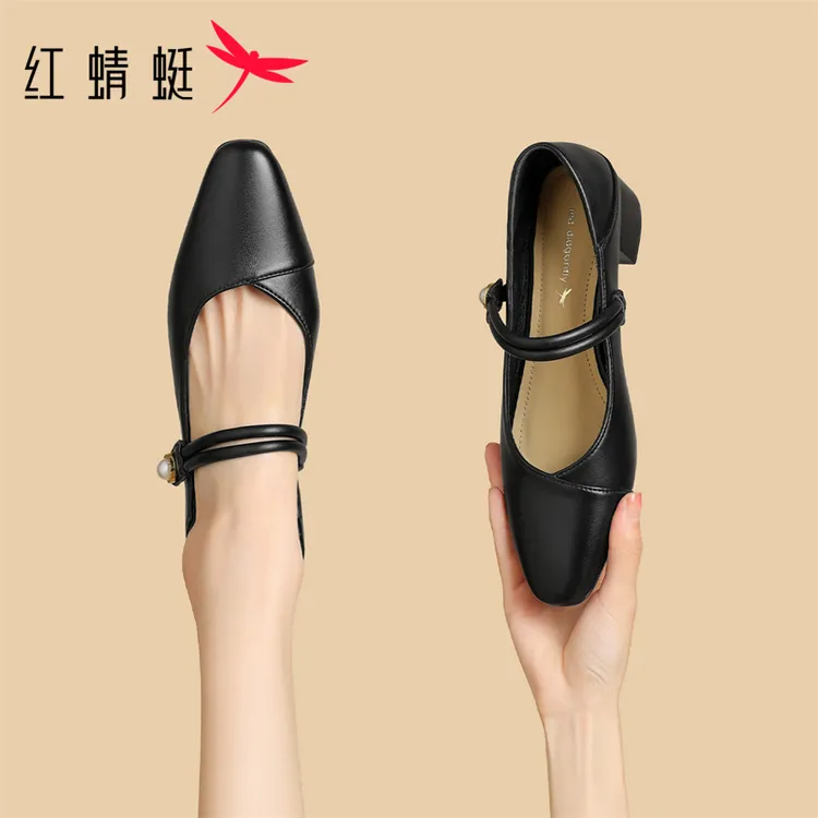 红蜻蜓通勤夏季单鞋女玛丽珍新款粗跟高跟鞋一脚蹬鞋玛丽珍女鞋