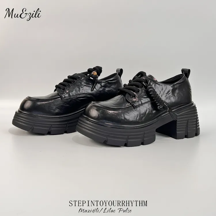 2025年秋季新款女鞋厚底增高真皮乐福鞋时尚百搭舒适系带皮鞋8060