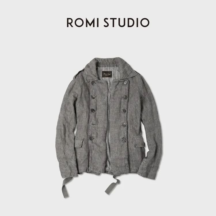 ROMI STUDIO“中古韵味”定织亚麻重洗水翻领双排扣风衣 RWCWWG5679