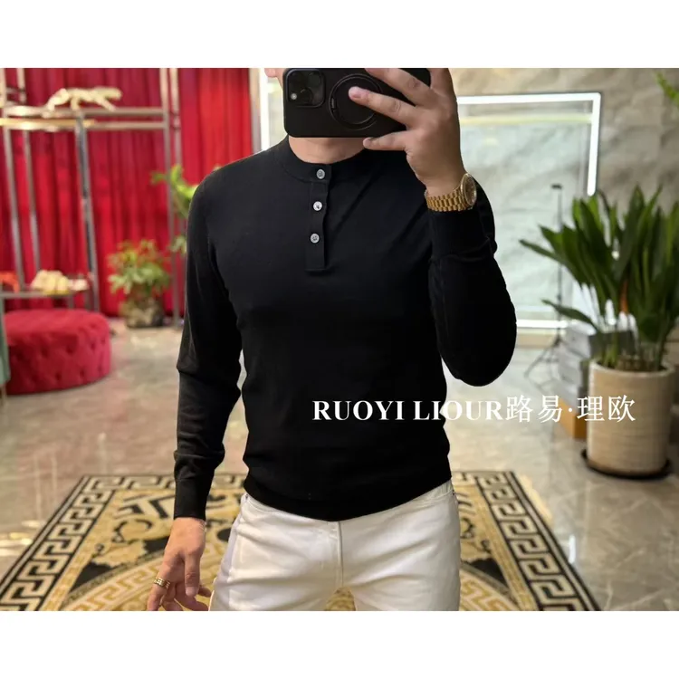 【路易理欧】新款欧货时尚百搭潮流轻奢简约纯色亨利领针织衫0470