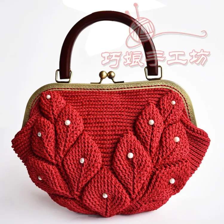 新年红色钩针编织口金包 新娘婚包 晚宴包 复古时尚木手柄手拎包