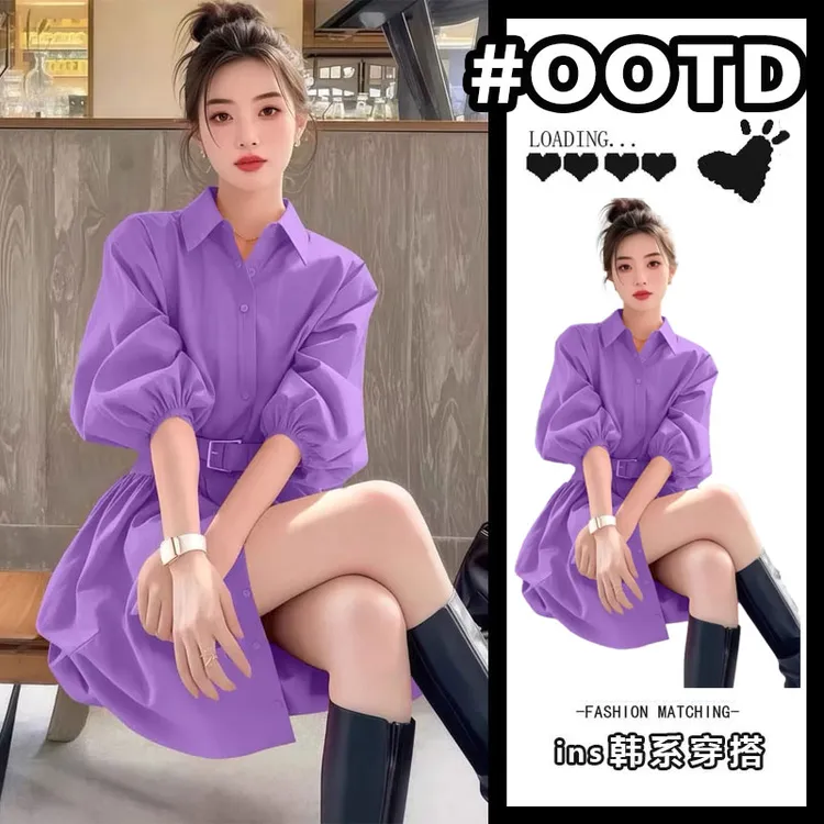 时尚轻奢高级感小众紫色翻领连衣裙女25年春季超火新款气质衬衫裙